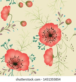 Floral background. Seamless pattern. Wild flowers. Green leaves.