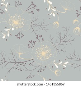 Floral background. Seamless pattern. Wild flowers. Leaves. Buds.
