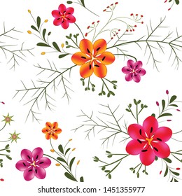 Floral background. Seamless pattern. Wild flowers. Green leaves. 