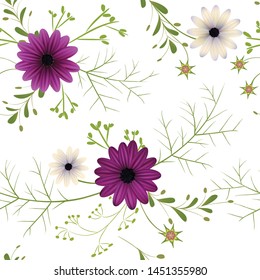Floral background. Seamless pattern. Wild flowers. Green leaves. Cosmos flowers.