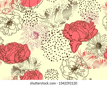 Floral background. Seamless vector. A lot of colorfull flowers. Hand drawn. Trendy design. Wallpaper, cover, textile etc. design. Vector