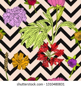 Floral background. Seamless vector. A lot of flowers. Hand drawn. Zig zag backdrop. Wallpaper, cover, textile etc. design