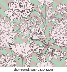 Floral background. Seamless vector. A lot of flowers. Hand drawn. Zig zag backdrop. Pastel colors. Wallpaper, cover, textile etc. design