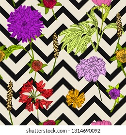 Floral background. Seamless vector. A lot of flowers. Hand drawn. Spring colored. Wallpaper, cover, textile etc. design