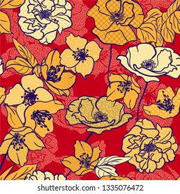 Floral background. Seamless vector. A lot of flowers. Hand drawn. Trendy 2019 colored. Wallpaper, cover, textile etc. design