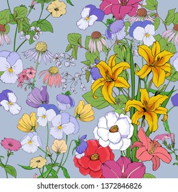 Floral background seamless vector. Lilies, pansies, geranium,Petunia, Echinacea on a romantic pattern.