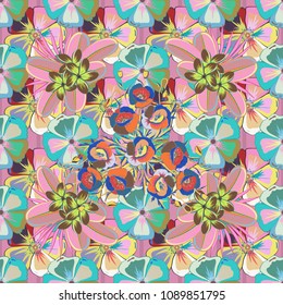 Floral background. Seamless vector pattern in blue and pink colors with cute cosmos flowers.