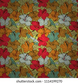 Floral background. Seamless vector pattern in red and orange colors with cute hibiscus flowers.