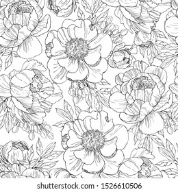 Floral background. Seamless vector pattern with hand drawn peonies