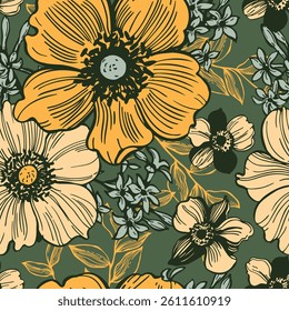 Floral background.  Seamless vector pattern with hand-drawn flowers.