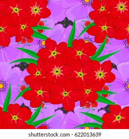 Floral background. Seamless vector pattern on a gray background with cute primula flowers.