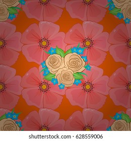 Floral background. Seamless vector pattern on a orange background with cute cosmos flowers.