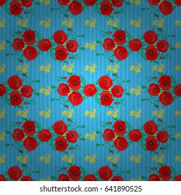 Floral background. Seamless vector pattern on a blue background with cute poppy flowers.