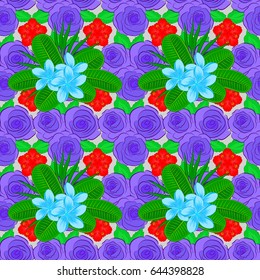 Floral background. Seamless vector pattern on a gray background with cute rose flowers and green leaves.