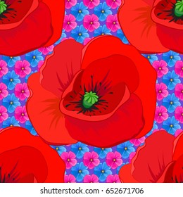 Floral background. Seamless vector pattern on a violet background with cute poppy flowers.