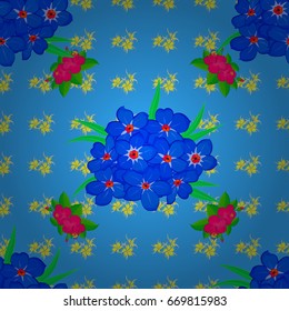 Floral background. Seamless vector pattern on a blue background with cute primrose flowers.