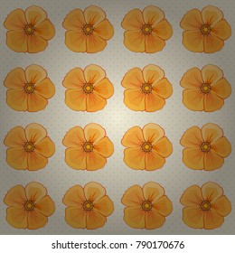 Floral background. Seamless vector pattern in yellow, orange and beige colors with cute cosmos flowers.