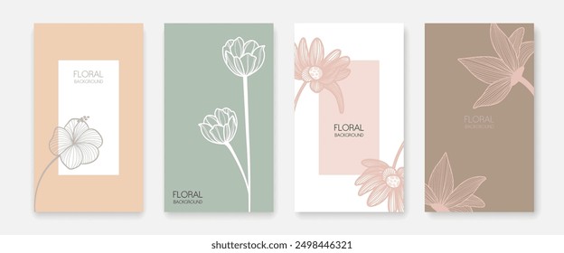 floraler Hintergrund. Frühlingsblumen-Vorlage für Social Media, Karten, Banner, Poster. Hinterlässt die Kartensammlung. Vektorgrafik für Frühlingsdesign, Einladung, Mobile Apps, Web