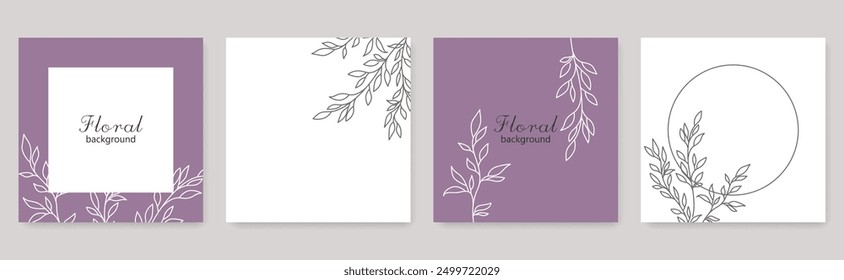 Floral Background Set. Floral Template for Social Media, Cards, Banners, Posters. Leaves Cards Collection. Vector Illustration for Spring Design, Invitation, Mobile apps, Web