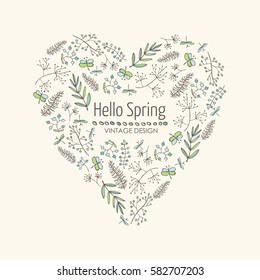 Floral background in the shape of the heart with flower and leaves. hand drawn