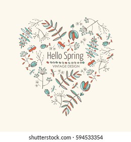 Floral background in the shape of the heart with flower and leaves. hand drawn.