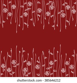 Floral background. Silhouette of little white roses with twigs and leaves on a brown, burgundy background. Vertical mirror image pattern with abstract flowers and stems. Flowers in the grass. Vector.
