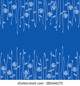 Floral background. Silhouette of a small white rose with branches and leaves against a bright blue background. Vertical mirror image pattern with abstract flowers and stems. Flowers in the grass.