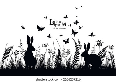 Floral background with silhouettes of rabbits, butterflies, fern and wild herbs. Easter background. Vector illustration.