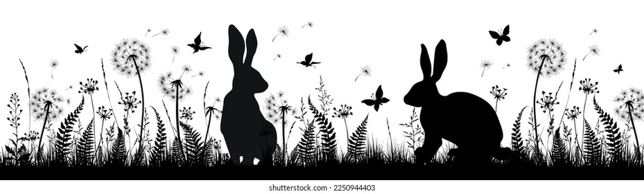 Floral background with silhouettes of rabbits, butterflies, fern and dandelions. Easter background. Vector illustration.