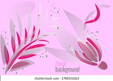Floral background in simple flat style. Vector illustration template with leaves and flowers, water droplets in trendy color palette. For social networks, invitations, congratulations, advertisements.