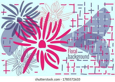 Floral background in simple flat style. Vector illustration template with leaves and flowers, strokes and cells in trendy color palette. For social networks, invitations, congratulations, advertising.