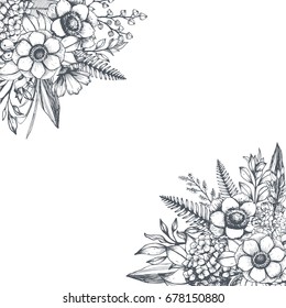 Floral background in sketch style.Vector hand drawn flowers and plants