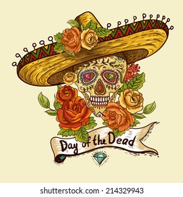 Floral Background with Skull in Sombrero  Day of The Dead illustration