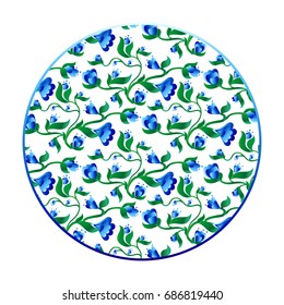 Floral background with small blue gradient color flowers inside the circle form. White background. Vector illustration.