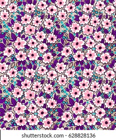 Floral background with small contour flowers. Memphis style. Bright and colorful, 90s style. Vector seamless pattern. Creative geometric background with floral elements and different textures
