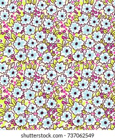 Floral background with small contour flowers. Memphis style. Bright and colorful, 90s style. Vector seamless pattern. Creative geometric background with floral elements and different textures.