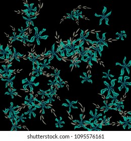 Floral Background. Small Flowers on Square Background. Delicate Lily. Chaotic Pattern. Spring Vector Bace for Print, Card, Poster. Summer Floral Texture on Black Background.