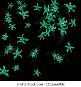 Floral Background. Small Flowers on Square Background. Lovely Lily. Chaotic Pattern. Spring Vector Bace for Print, Card, Poster. Summer Floral Texture on Black Background.