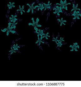Floral Background. Small Flowers on Square Background. Delicate Lily. Chaotic Pattern. Spring Vector Bace for Print, Card, Poster. Summer Floral Texture on Black Background.