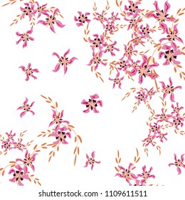 Floral Background. Small Flowers on Square Background. Cute Lily. Chaotic Pattern. Spring Vector Bace for Print, Card, Banner. Summer Floral Texture on White Background.