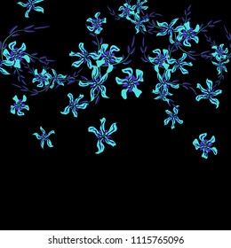 Floral Background. Small Flowers on Square Background. Delicate Lily. Chaotic Pattern. Spring Vector Bace for Print, Banner, Poster. Summer Floral Texture on Black Background.