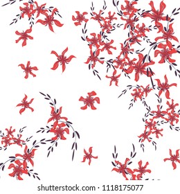 Floral Background. Small Flowers on Square Background. Lovely Lily. Chaotic Pattern. Spring Vector Bace for Print, Card, Poster. Summer Floral Texture on White Background.