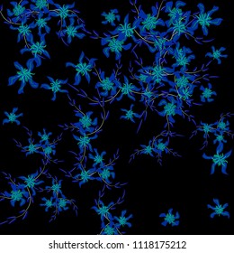 Floral Background. Small Flowers on Square Background. Delicate Lily. Chaotic Pattern. Spring Vector Bace for Print, Banner, Poster. Summer Floral Texture on Black Background.