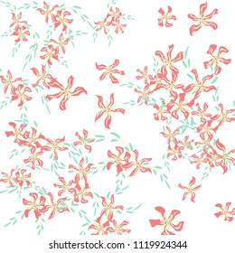 Floral Background. Small Flowers on Square Background. Lovely Lily. Chaotic Pattern. Spring Vector Bace for Print, Card, Poster. Summer Floral Texture on White Background.