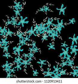 Floral Background. Small Flowers on Square Background. Delicate Lily. Chaotic Pattern. Spring Vector Bace for Print, Banner, Poster. Summer Floral Texture on Black Background.