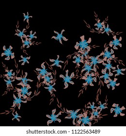 Floral Background. Small Flowers on Square Background. Delicate Lily. Chaotic Pattern. Spring Vector Bace for Print, Card, Poster. Summer Floral Texture on Black Background.