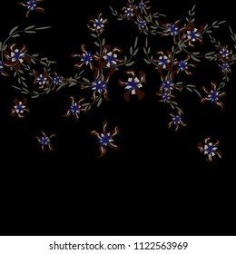 Floral Background. Small Flowers on Square Background. Delicate Lily. Chaotic Pattern. Spring Vector Bace for Card, Banner, Poster. Summer Floral Texture on Black Background.