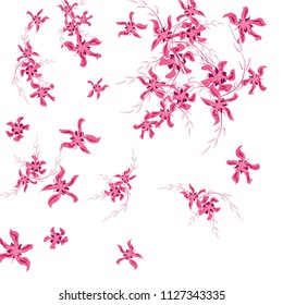 Floral Background. Small Flowers on Square Background. Delicate Lily. Chaotic Pattern. Spring Vector Bace for Card, Banner, Poster. Summer Floral Texture on White Background.