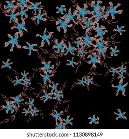 Floral Background. Small Flowers on Square Background. Delicate Lily. Chaotic Pattern. Spring Vector Bace for Card, Banner, Poster. Summer Floral Texture on Black Background.