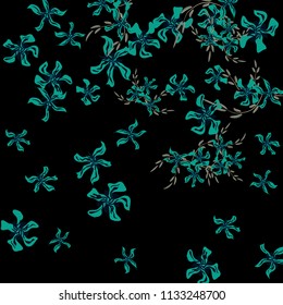 Floral Background. Small Flowers on Square Background. Cute Lily. Chaotic Pattern. Spring Vector Bace for Print, Banner, Poster. Summer Floral Texture on Black Background.